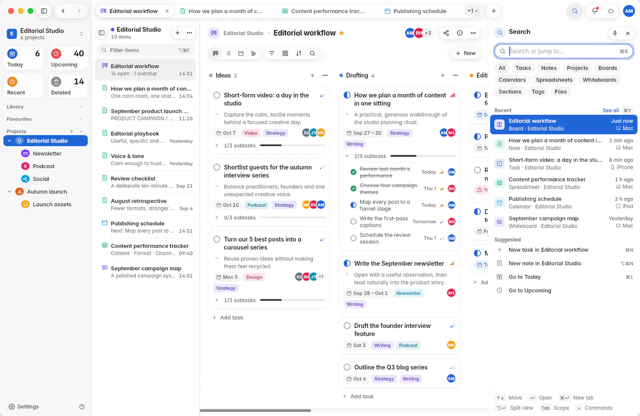 Search before typing, with recent items and suggested actions (a Mac)