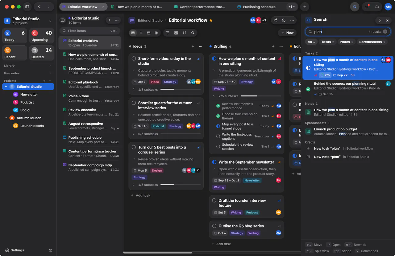 Search results for a word, grouped into tasks, notes and spreadsheets (a Mac)