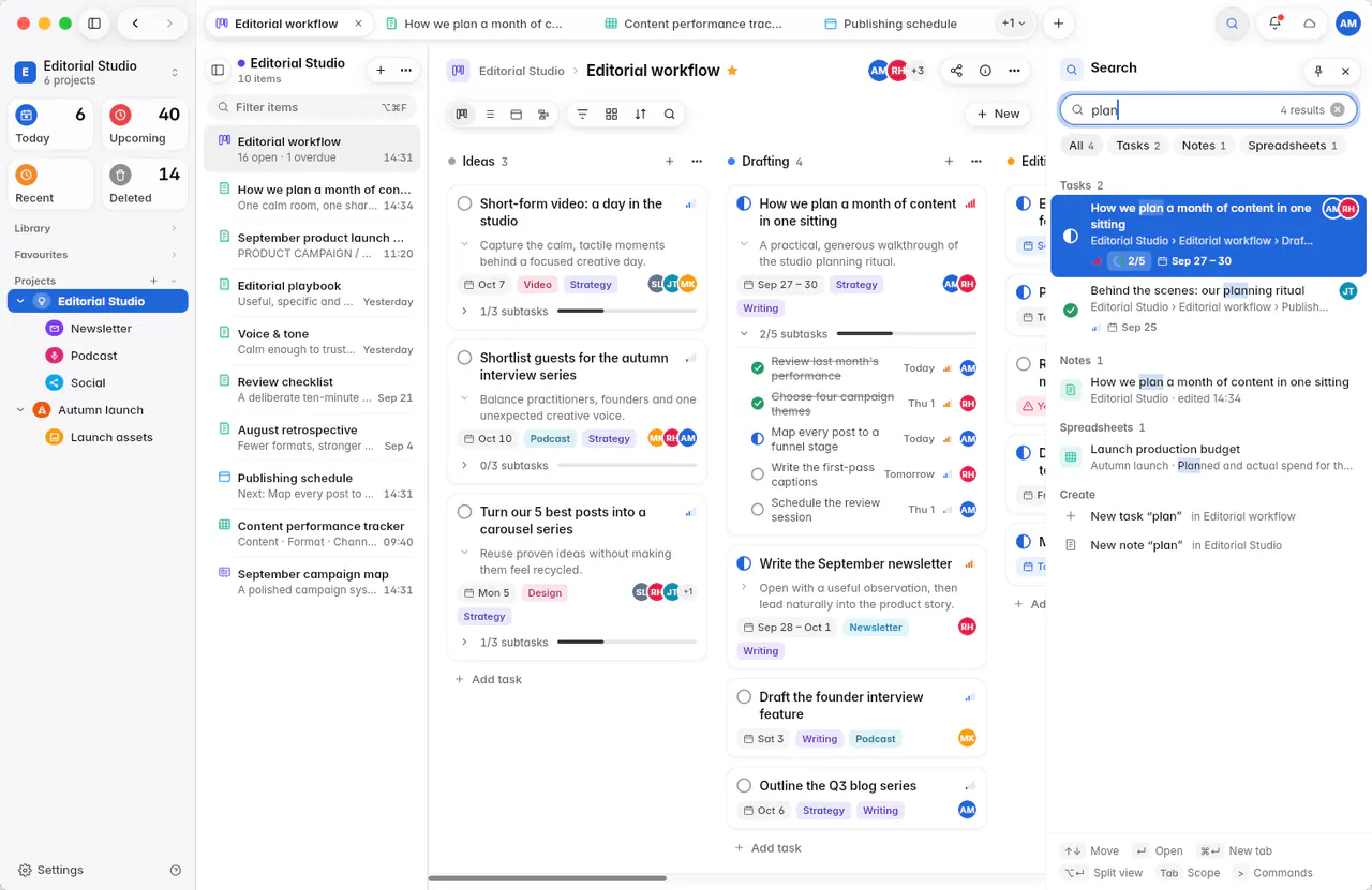 Search results for a word, grouped into tasks, notes and spreadsheets (a Mac)