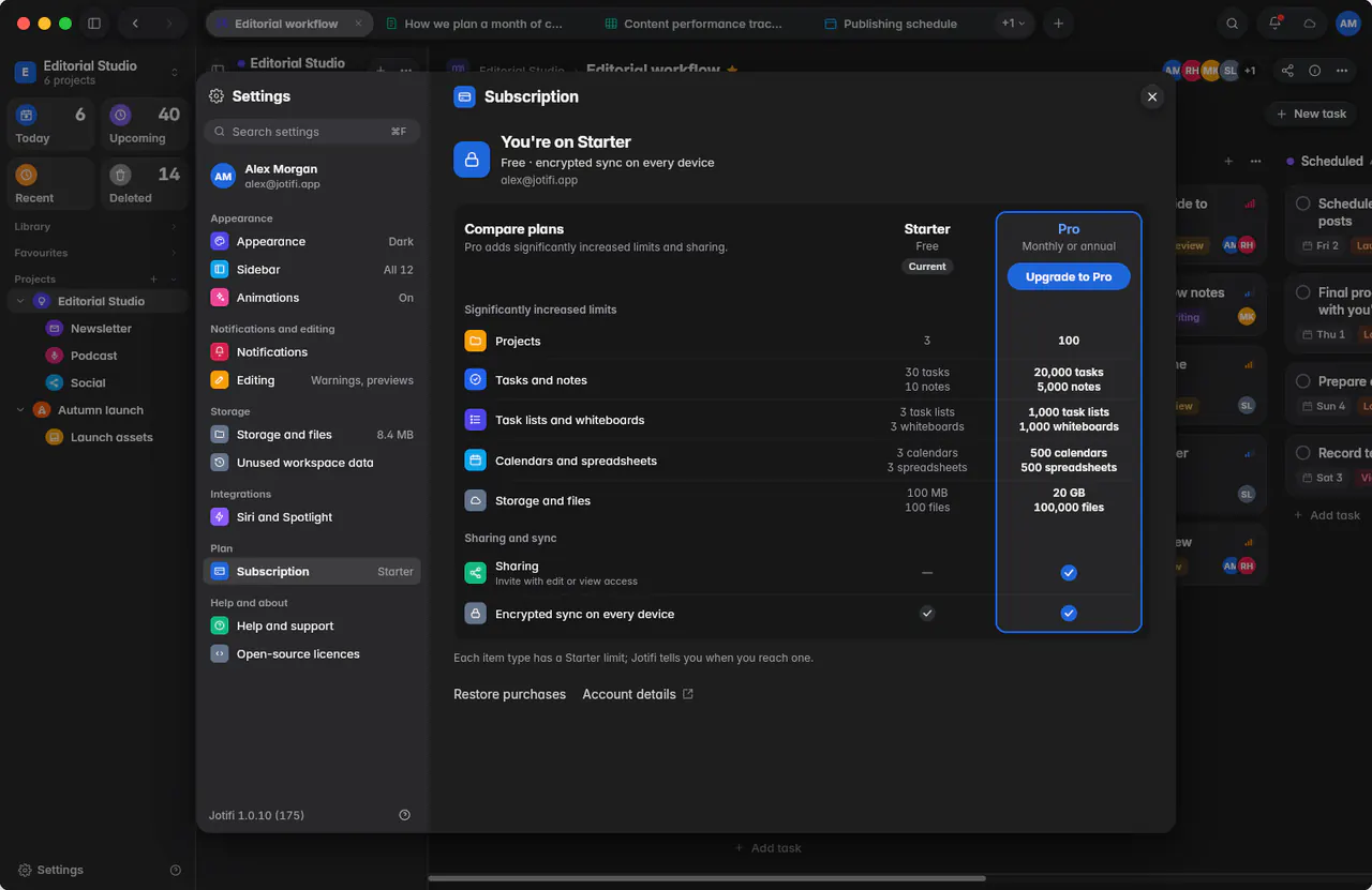 The Subscription page on Starter, with a comparison of the Starter and Pro plans and Upgrade to Pro (a Mac)