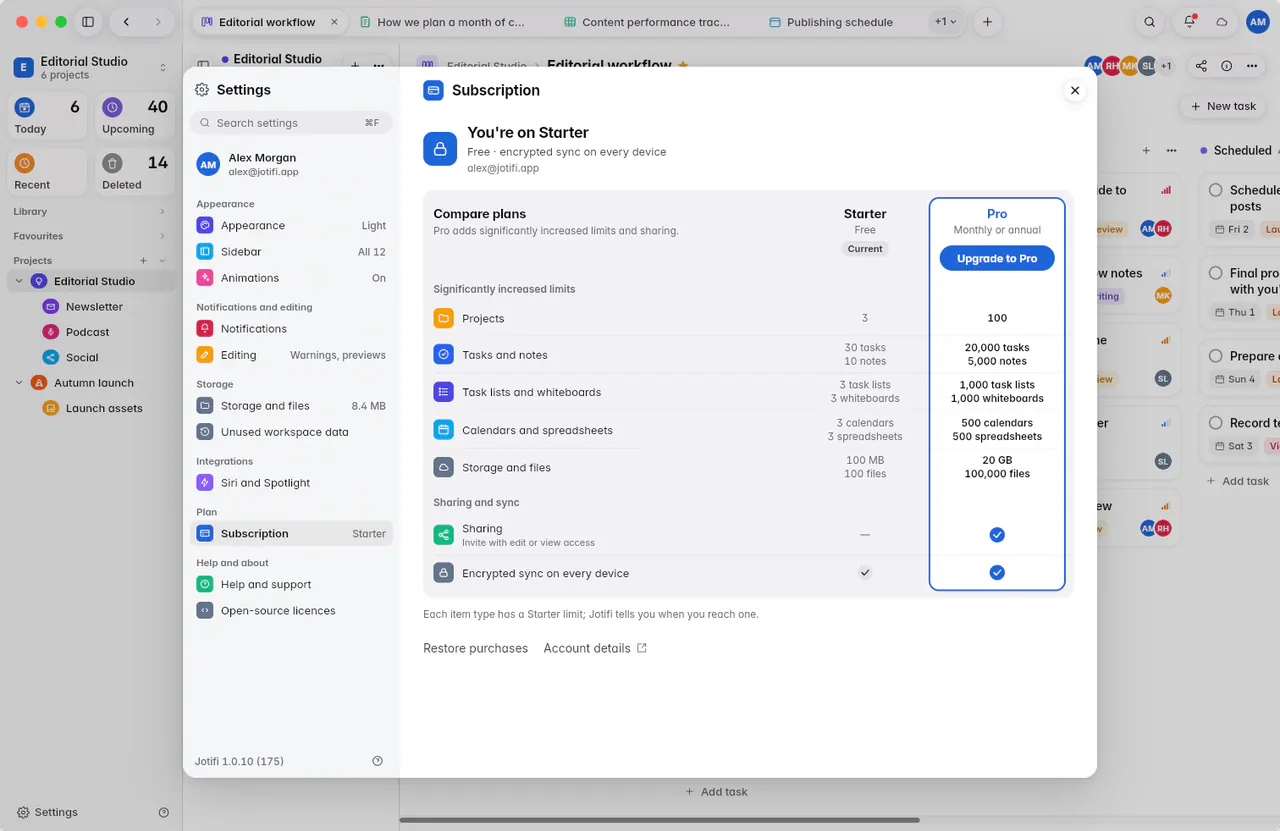 The Subscription page on Starter, with a comparison of the Starter and Pro plans and Upgrade to Pro (a Mac)