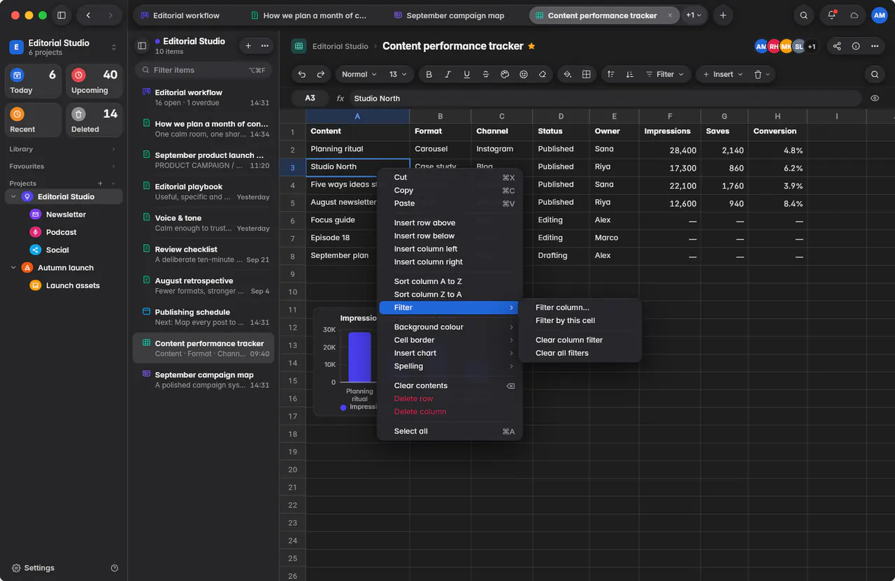A cell's menu with clipboard, insert, sort, filter, format and delete options (a Mac)