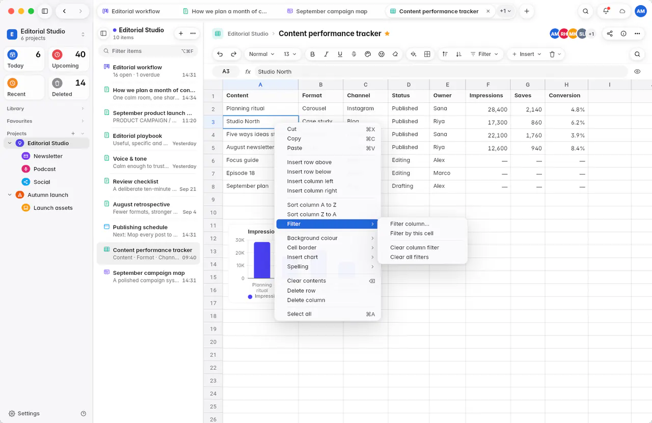 A cell's menu with clipboard, insert, sort, filter, format and delete options (a Mac)