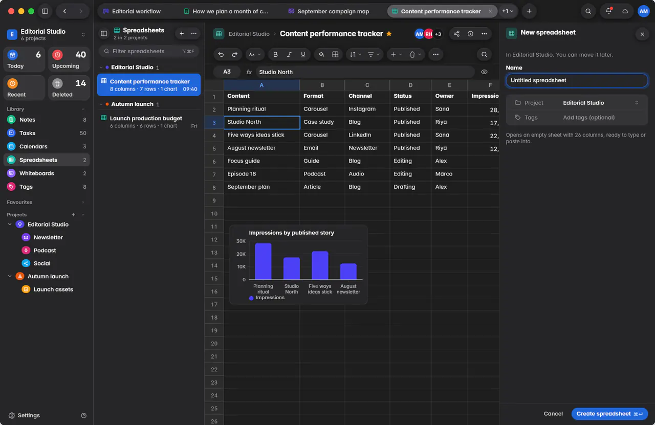 The New spreadsheet form with a name, the project and optional tags (a Mac)
