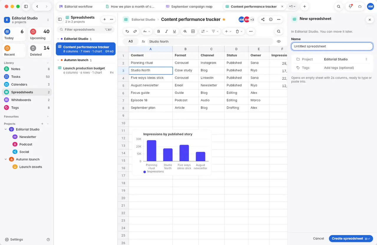 The New spreadsheet form with a name, the project and optional tags (a Mac)