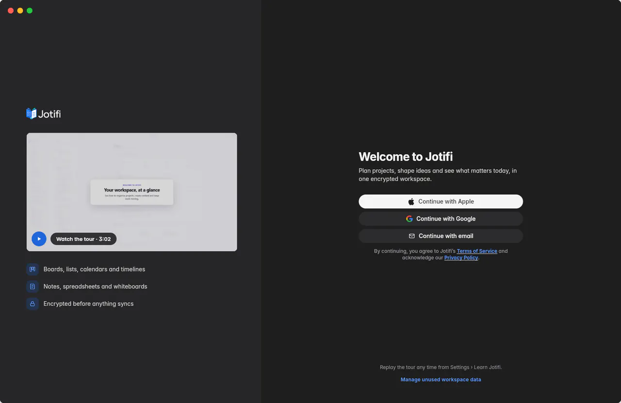 The Welcome to Jotifi screen with the tour and the Continue with Apple, Google and email buttons (a Mac)
