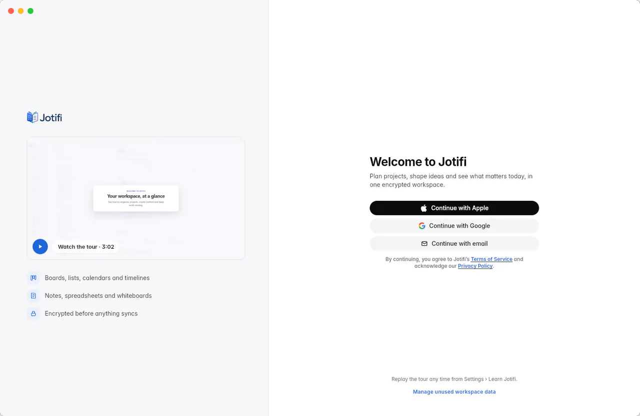 The Welcome to Jotifi screen with the tour and the Continue with Apple, Google and email buttons (a Mac)
