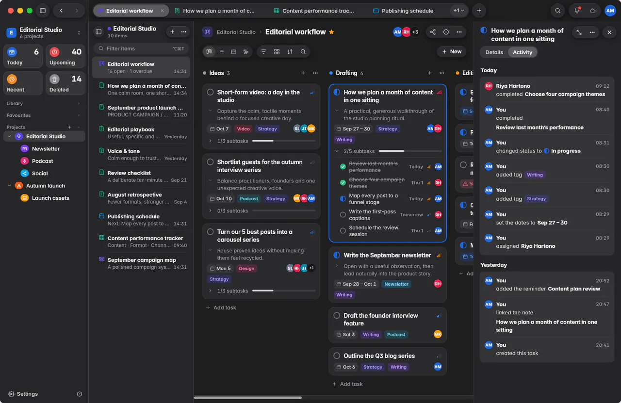 A task's Activity tab listing who completed, changed, tagged and assigned it, grouped by day (a Mac)