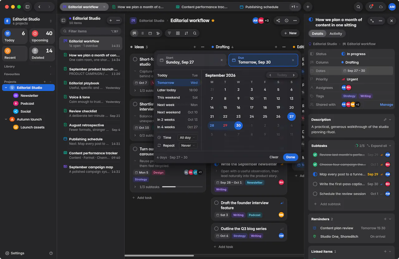 The dates picker with a start and a due date, quick choices, a month and the time and repeat settings (a Mac)