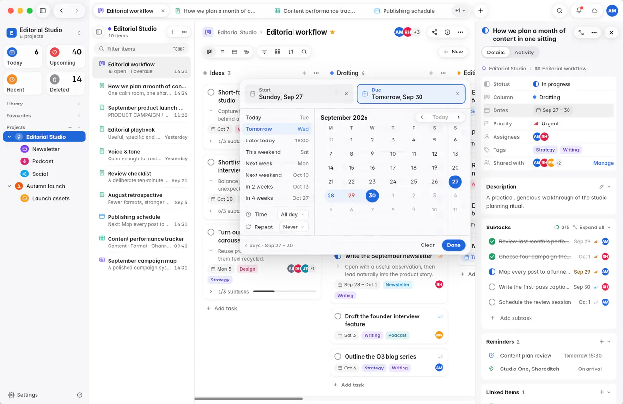 The dates picker with a start and a due date, quick choices, a month and the time and repeat settings (a Mac)