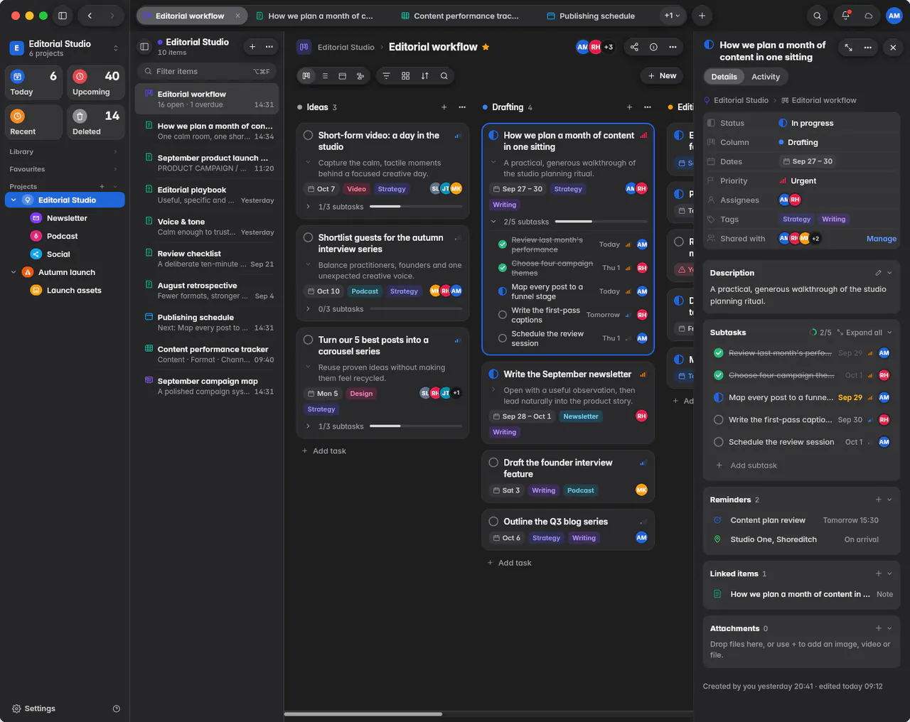 An open task with its status, column, dates, priority, people, tags, description and subtasks (a Mac)