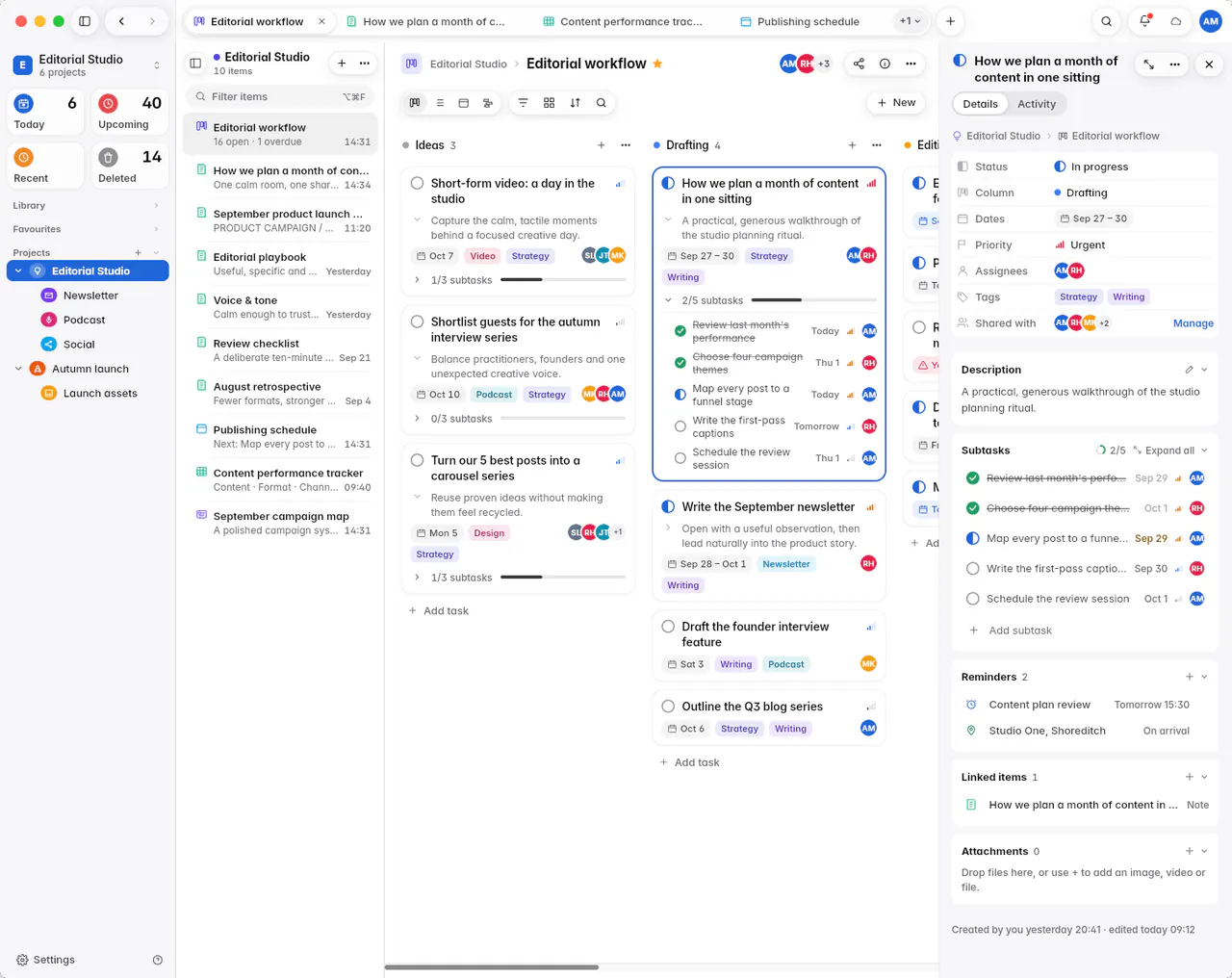 An open task with its status, column, dates, priority, people, tags, description and subtasks (a Mac)