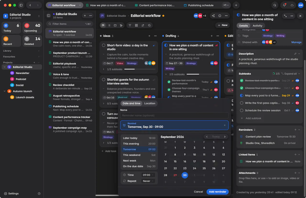 The reminder editor with Date and time selected, quick choices, a month and the time (a Mac)