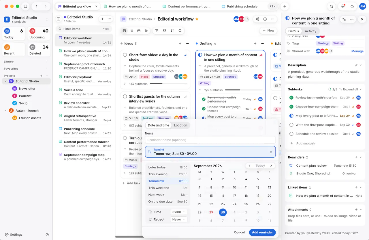 The reminder editor with Date and time selected, quick choices, a month and the time (a Mac)