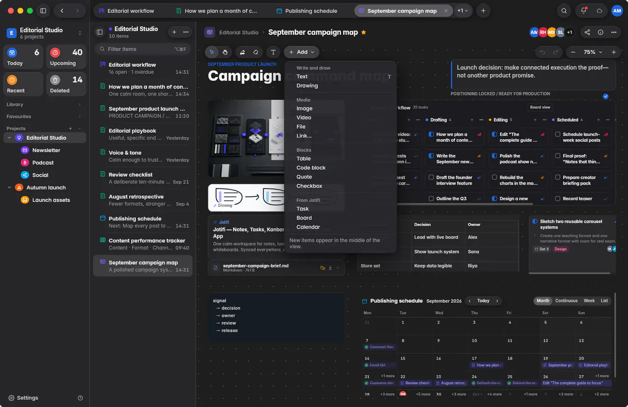 The Add menu with text and drawing, media, blocks and items from Jotifi (a Mac)