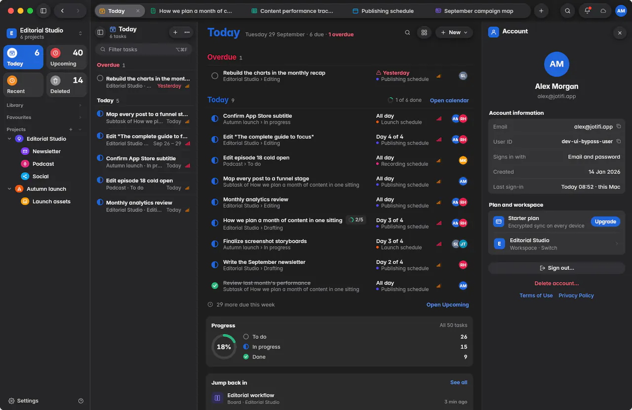 The account page with the email address, user ID, sign-in method, plan and workspace (a Mac)