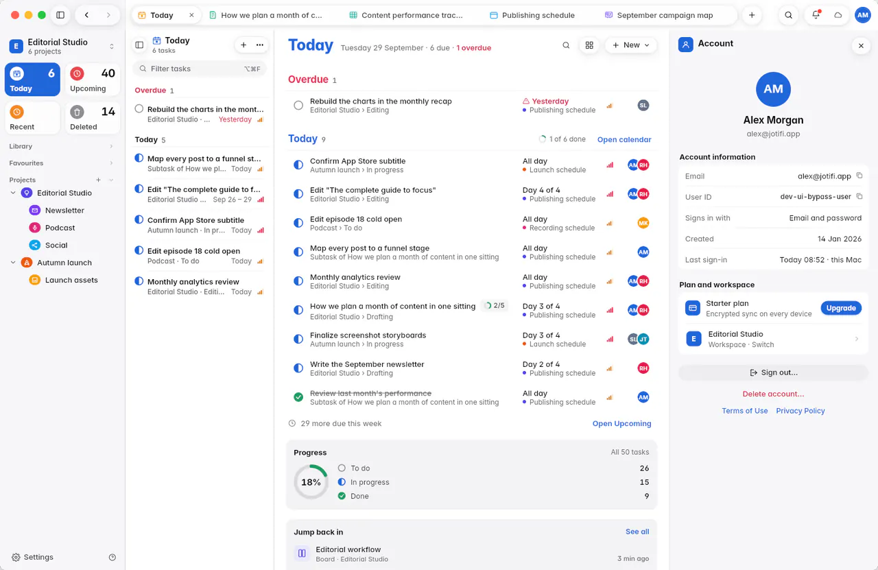 The account page with the email address, user ID, sign-in method, plan and workspace (a Mac)