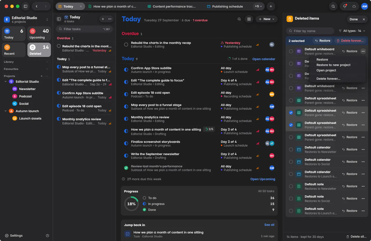 Recently deleted, grouped by type, with Restore beside each item (a Mac)
