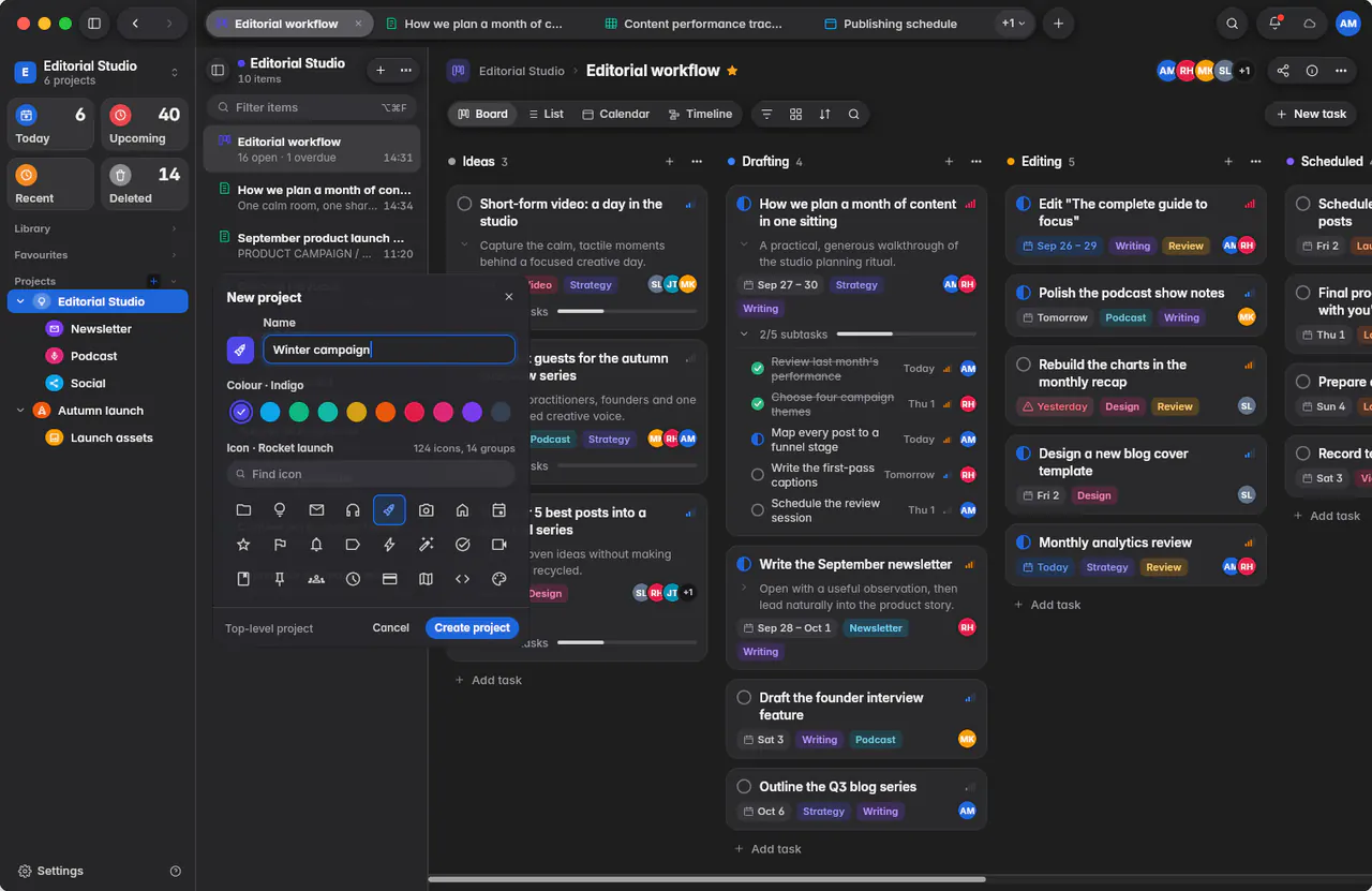 The New project form with a name, ten colours and a grid of icons (a Mac)