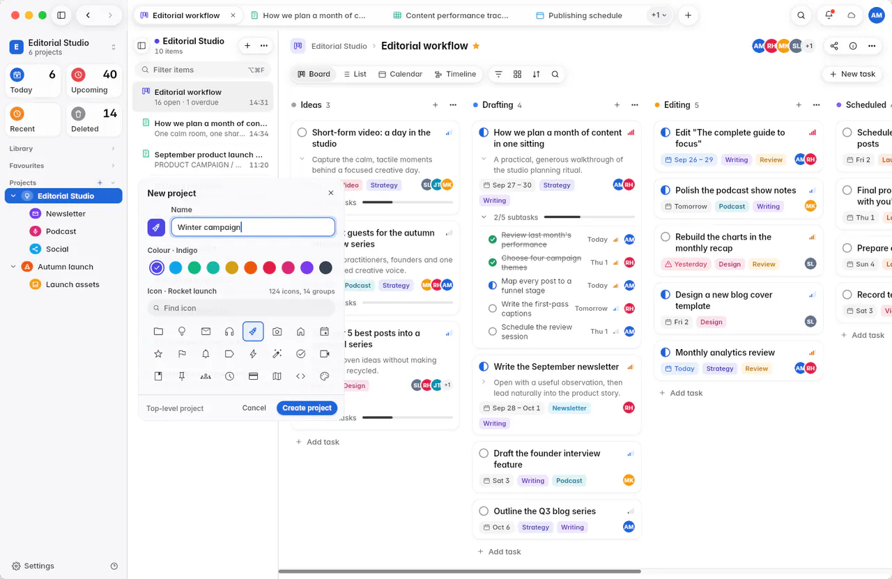 The New project form with a name, ten colours and a grid of icons (a Mac)