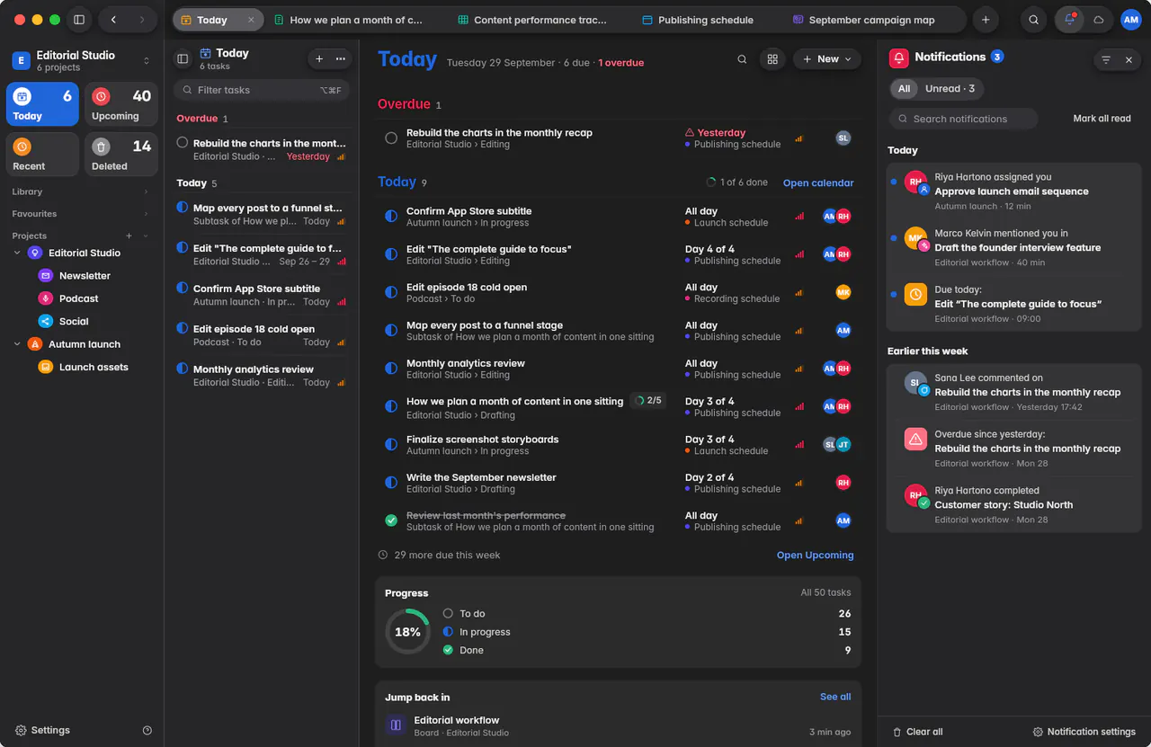 The notification history with assignments, mentions and reminders, grouped by day (a Mac)