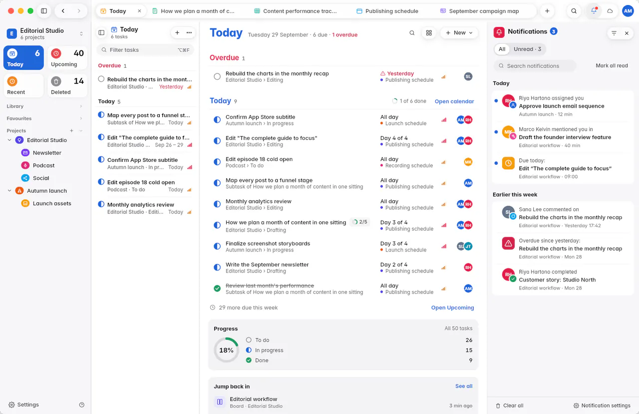 The notification history with assignments, mentions and reminders, grouped by day (a Mac)