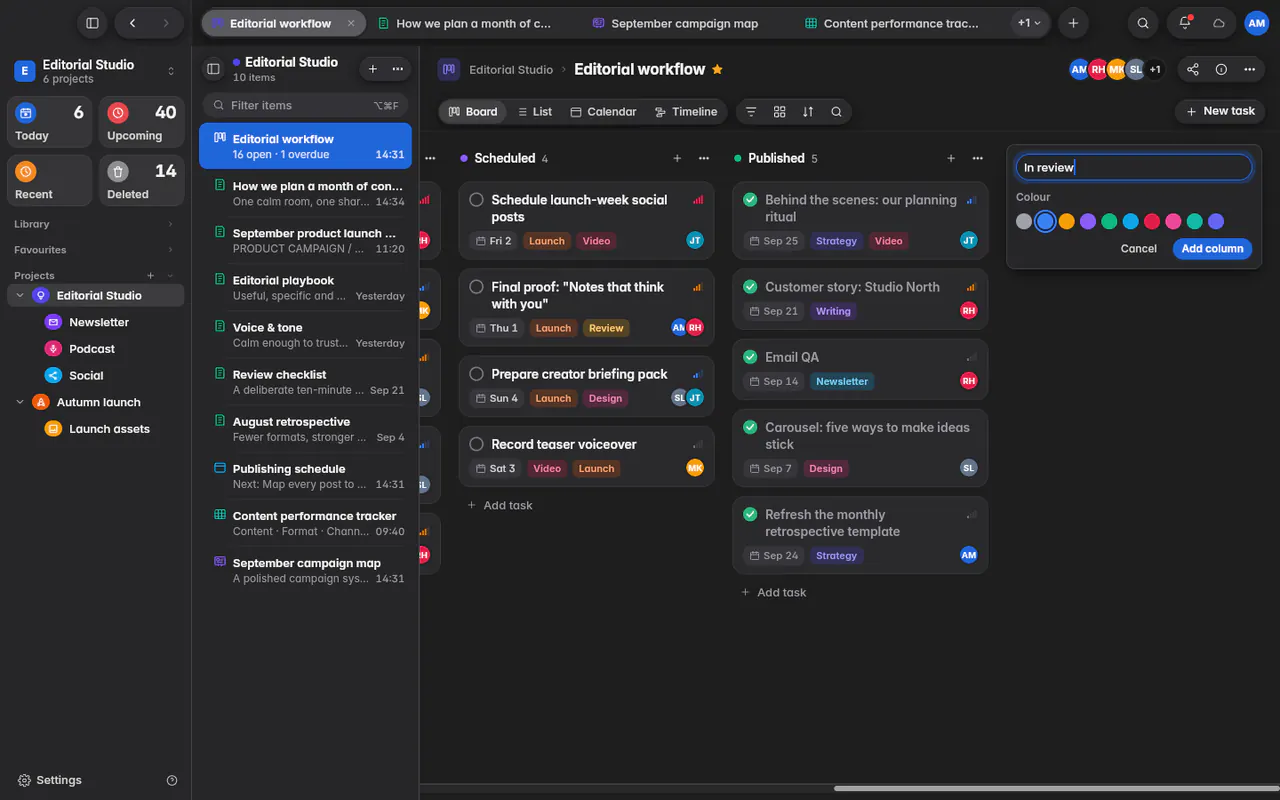 Adding a column named In review, with a choice of colours (the web app)