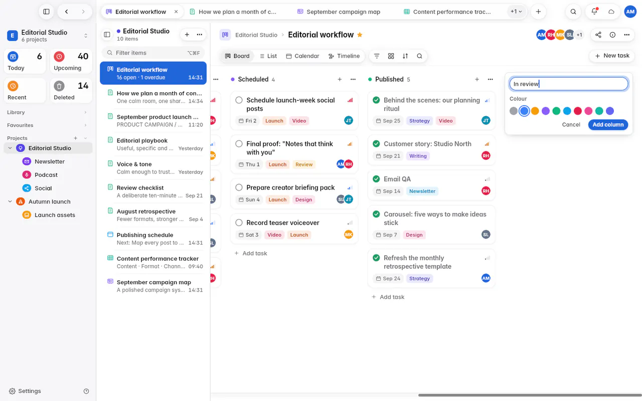 Adding a column named In review, with a choice of colours (the web app)
