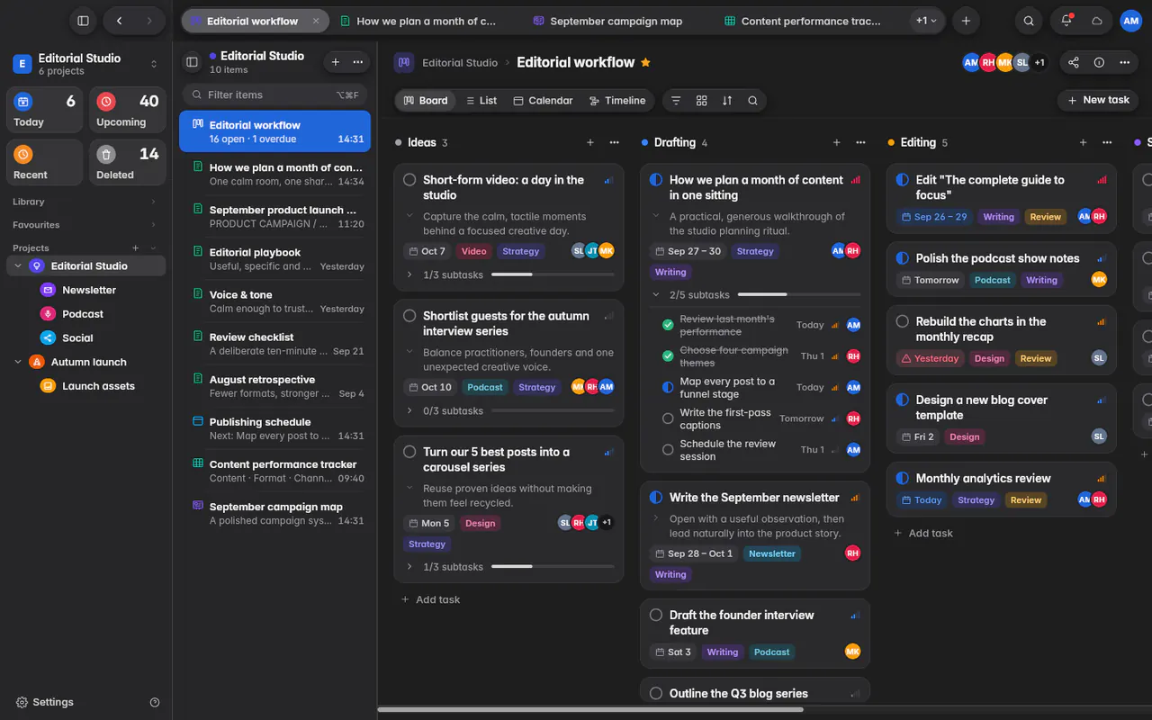 A board with Ideas, Drafting and Editing columns of task cards (the web app)