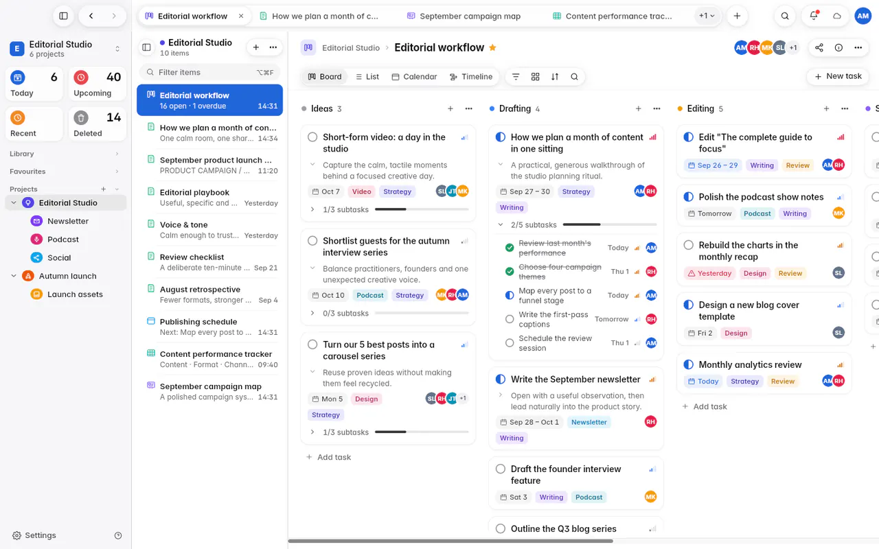 A board with Ideas, Drafting and Editing columns of task cards (the web app)
