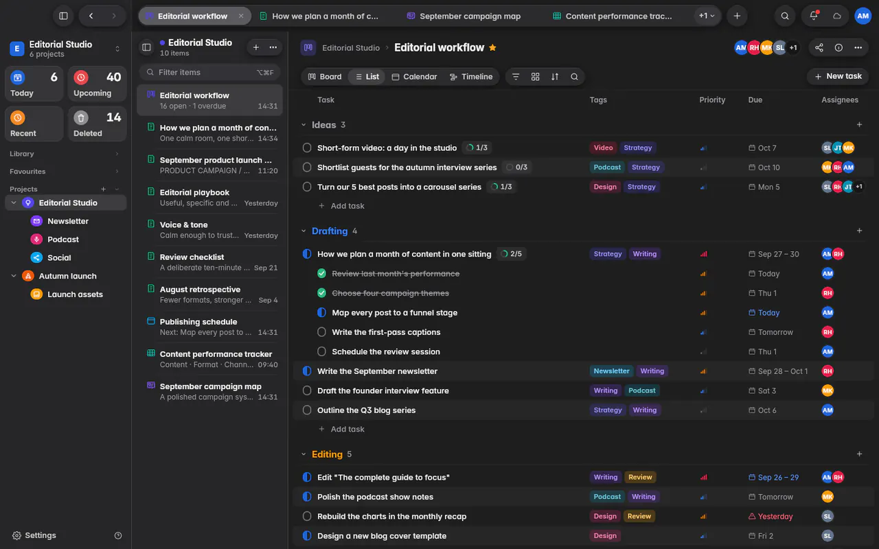 The board as a list, grouped by column, with tags, priority, due dates and people (the web app)