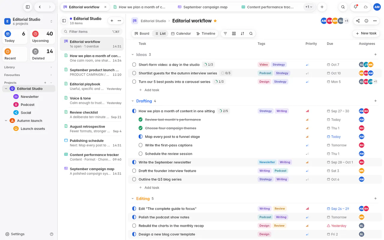 The board as a list, grouped by column, with tags, priority, due dates and people (the web app)