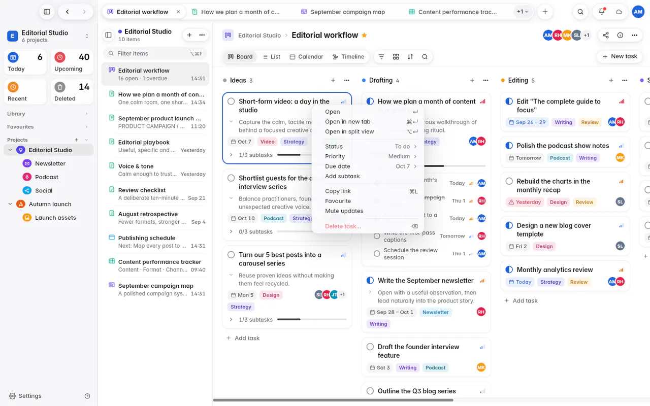 A card's menu with Open, Status, Priority, Due date, Add subtask and Delete task (the web app)