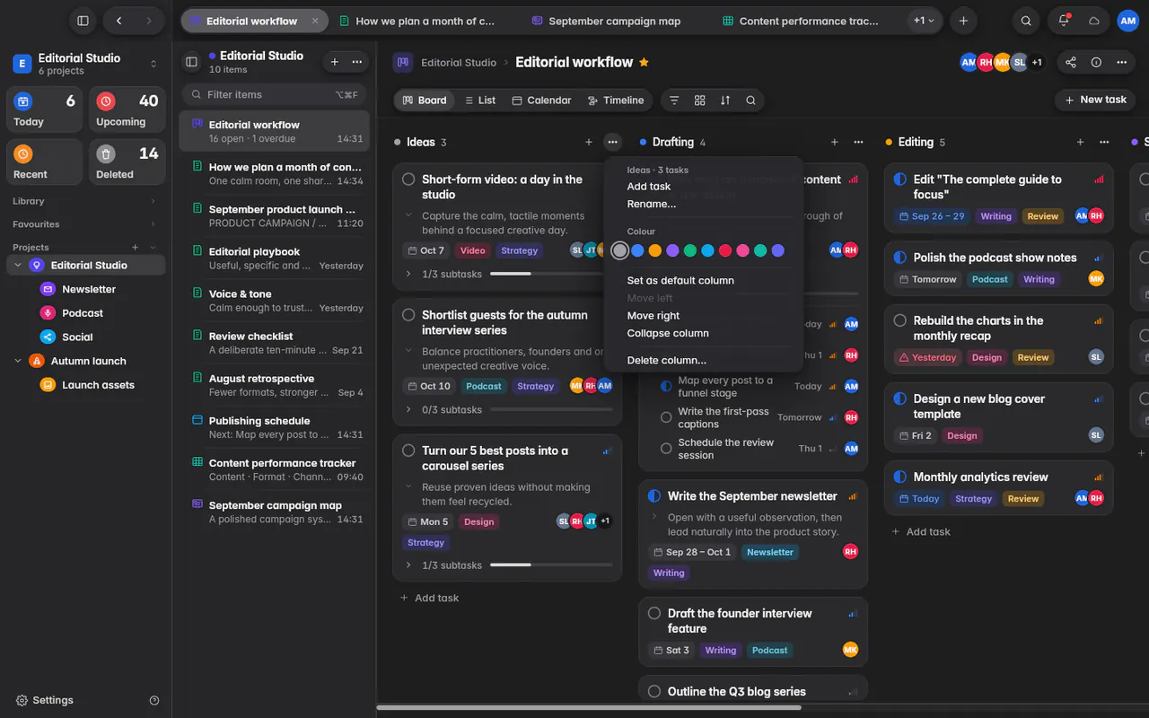 A column's menu with Add task, Rename, Colour, Move left, Move right, Collapse and Delete (the web app)