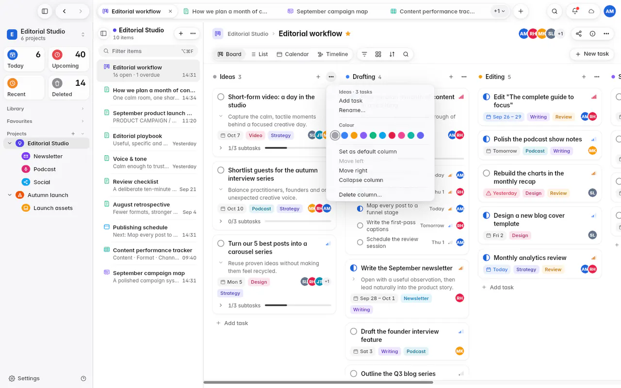 A column's menu with Add task, Rename, Colour, Move left, Move right, Collapse and Delete (the web app)