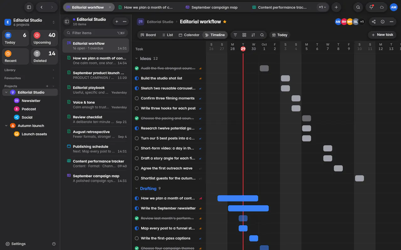 The board as a timeline, with each task as a bar across the dates (the web app)