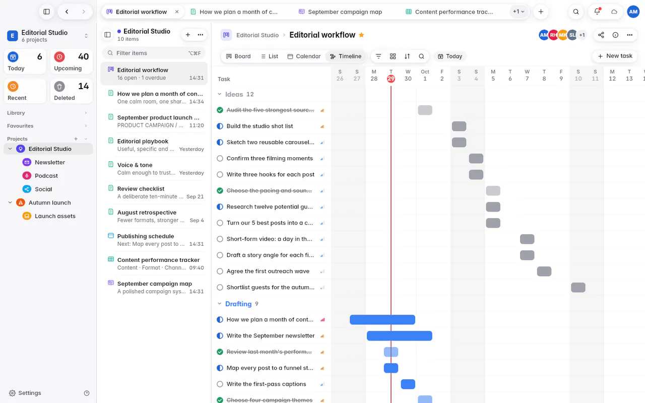 The board as a timeline, with each task as a bar across the dates (the web app)