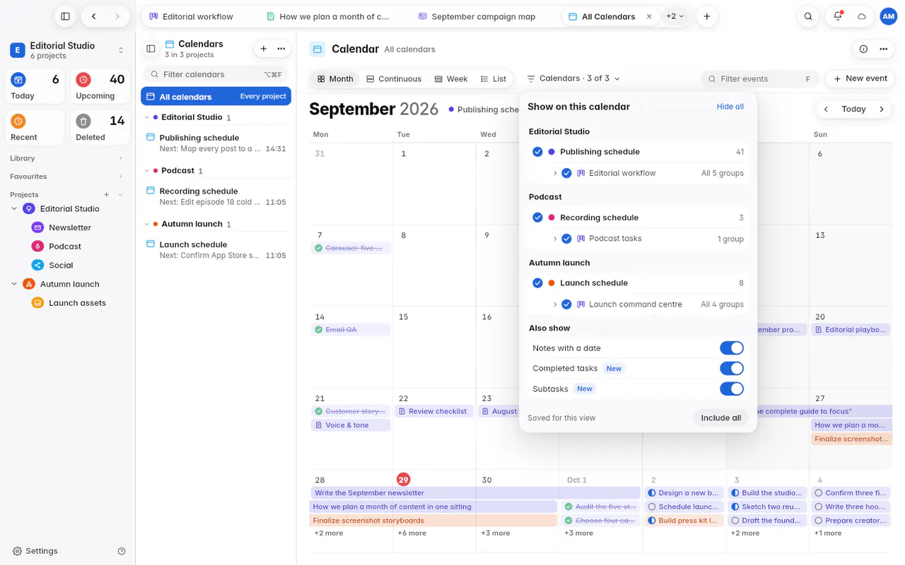 The Show on this calendar panel with calendars, boards and the Also show switches (the web app)