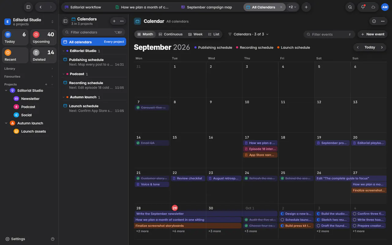 A calendar month with tasks on their days and multi-day tasks as bars (the web app)