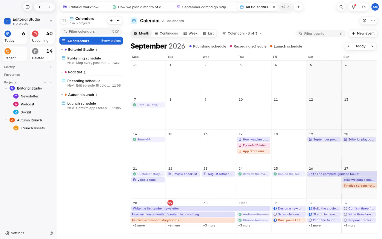 A calendar month with tasks on their days and multi-day tasks as bars (the web app)