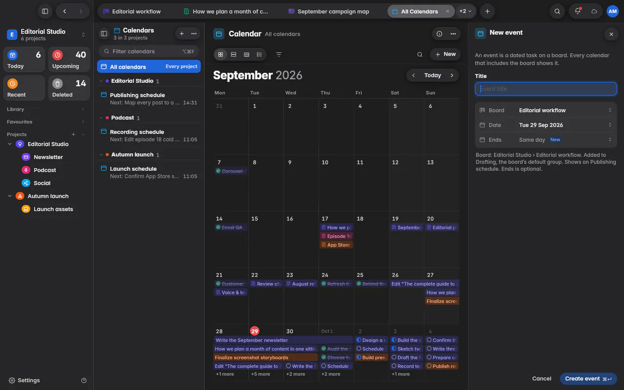 The New event form with a title, a board, a date and an optional end date (the web app)