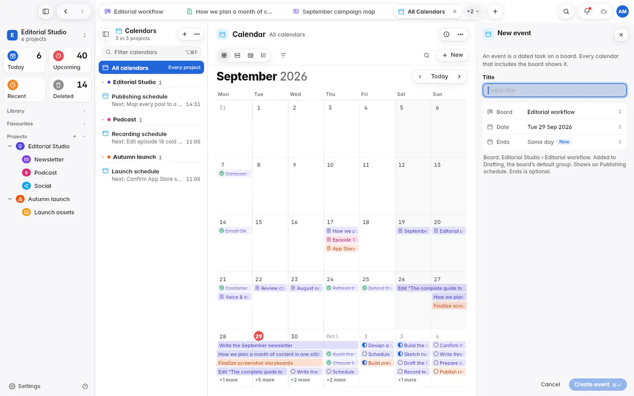 The New event form with a title, a board, a date and an optional end date (the web app)