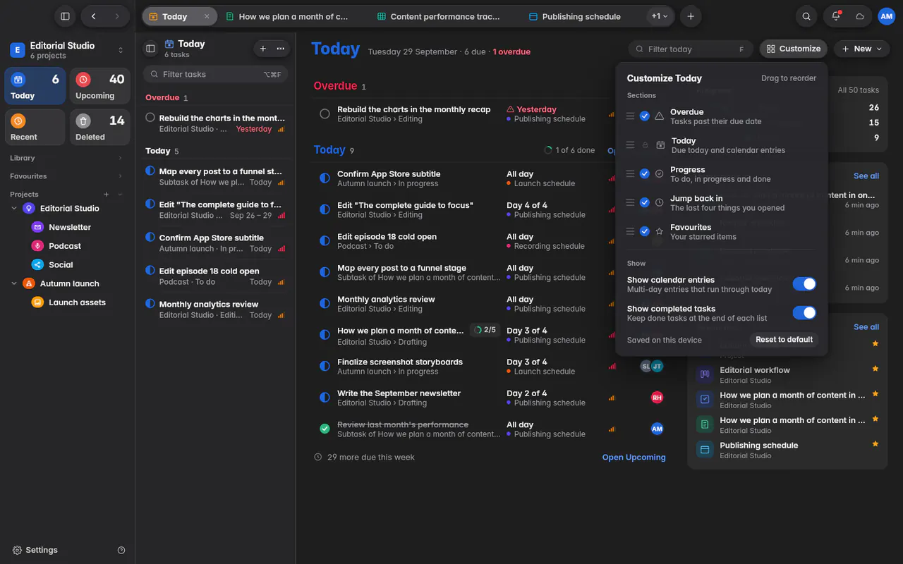 The Customize Today panel with switches for each section and for calendar entries and completed tasks (the web app)