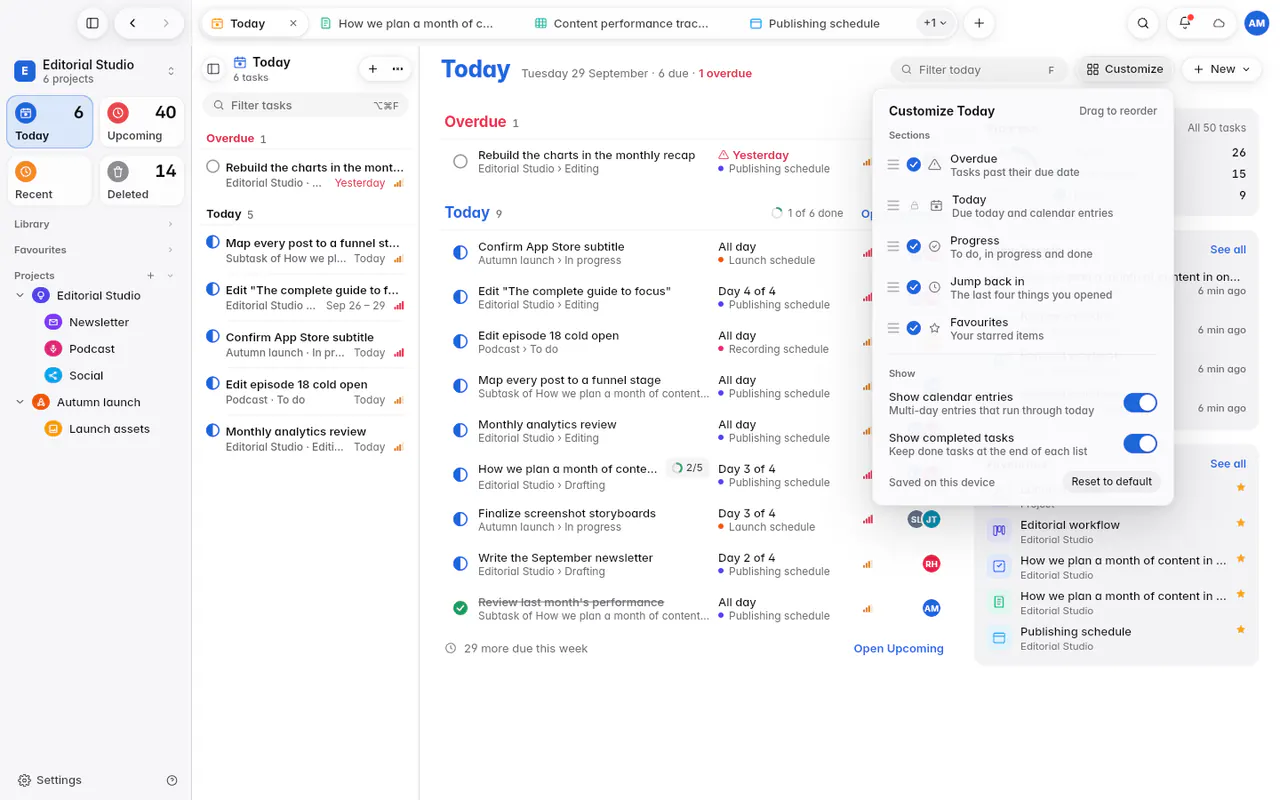 The Customize Today panel with switches for each section and for calendar entries and completed tasks (the web app)