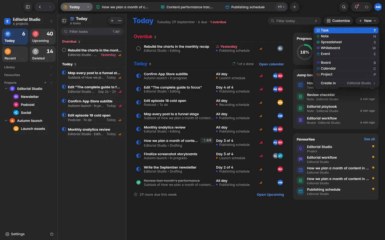 The New menu with Task, Note, Spreadsheet, Whiteboard, Event, Board, Calendar and Project (the web app)