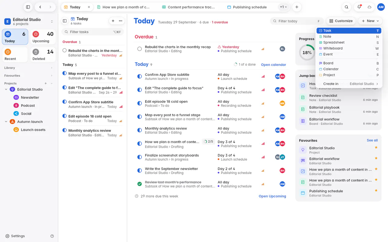 The New menu with Task, Note, Spreadsheet, Whiteboard, Event, Board, Calendar and Project (the web app)