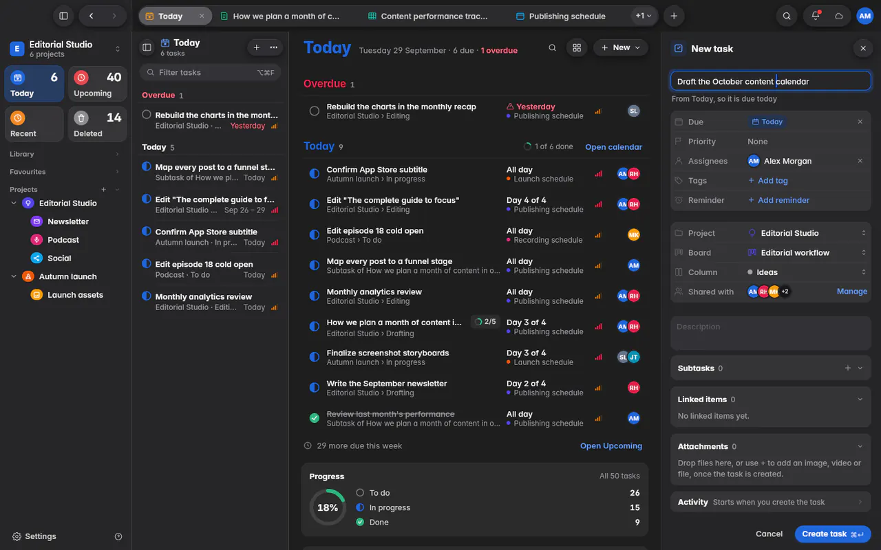 The New task form with the name, its due date, priority and people, and where it goes (the web app)
