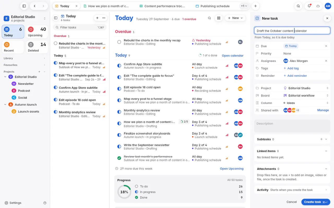 The New task form with the name, its due date, priority and people, and where it goes (the web app)