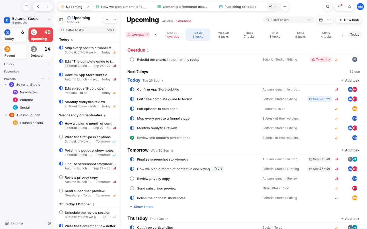 Upcoming with the week strip, an overdue task and the tasks for the next days (the web app)