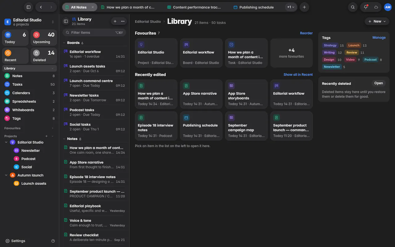 The Library with tiles for each kind of item, favourites and recently edited items (the web app)